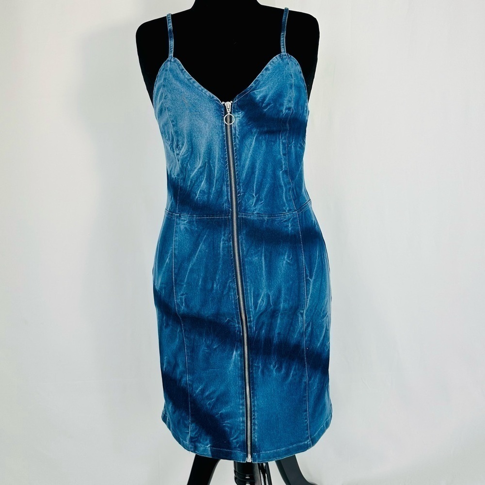 Derek Heart Denim Full Zip Sweetheart Neckline Bodycon Mini Dress Size: *XL*
